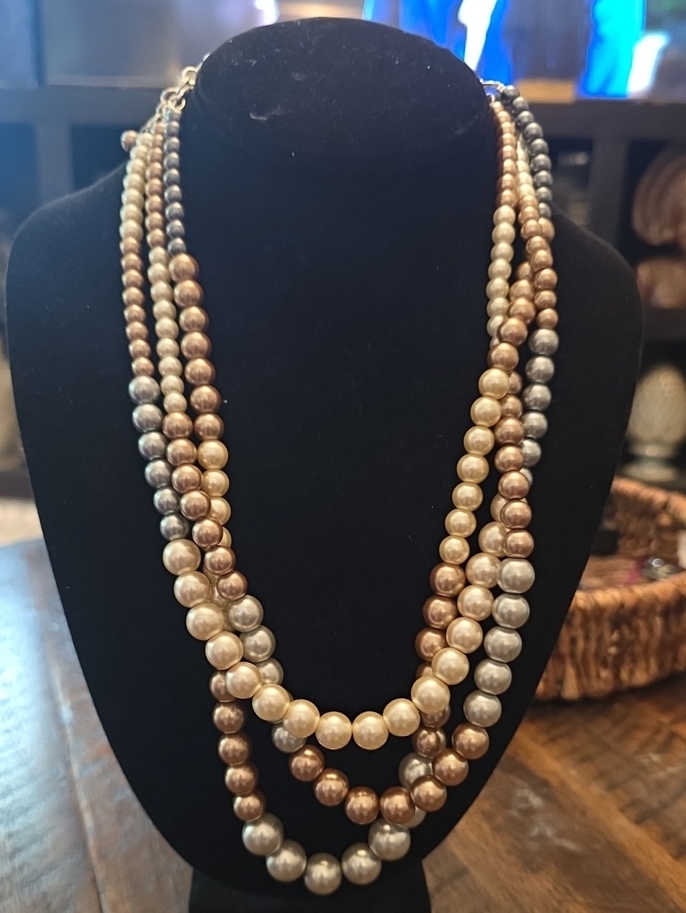Chico's Triple-Strand Faux Pearl Necklace in Champagne and Silver
